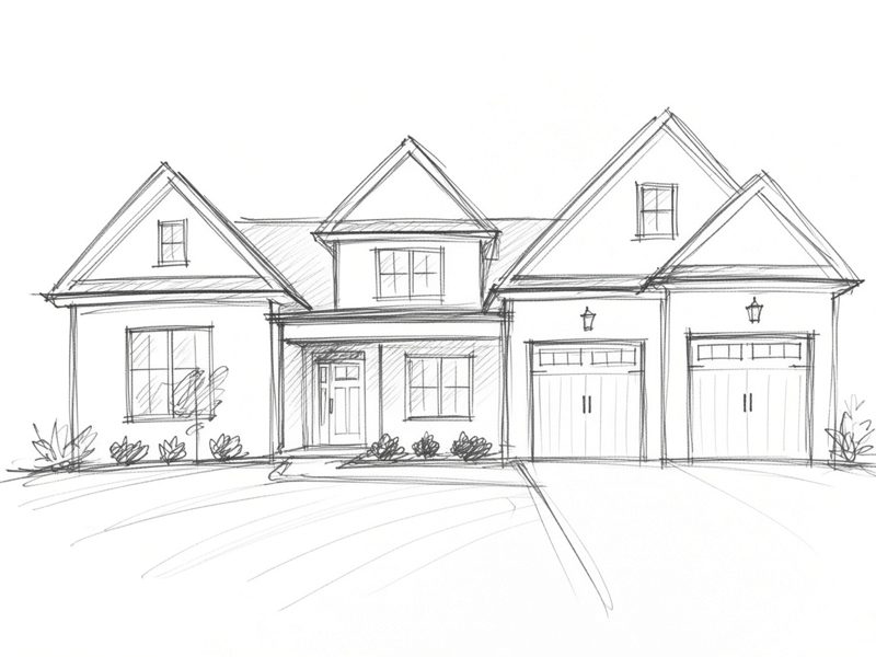 Rough pencil concept sketch of a brick and board-and-batten craftsman home front elevation