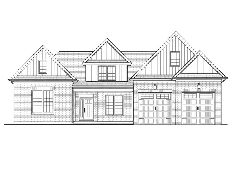 Line drawing of a brick and board-and-batten craftsman home front elevation