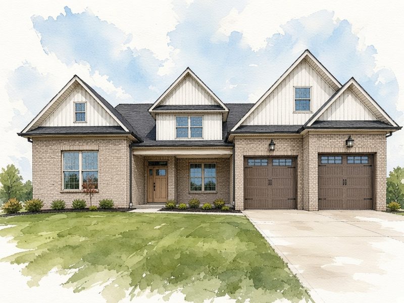 Watercolor sketch of a brick and board-and-batten craftsman home front elevation