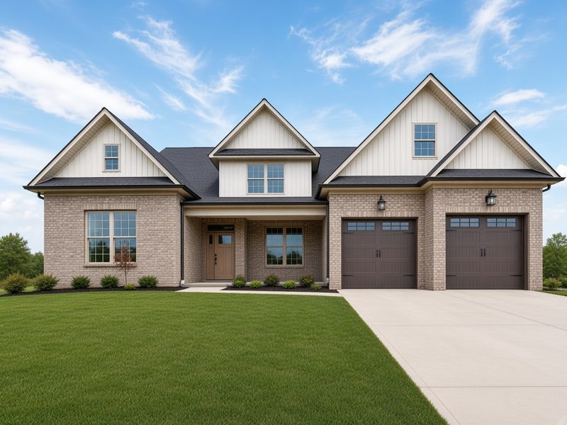 Rendering of a brick and board-and-batten craftsman home front elevation