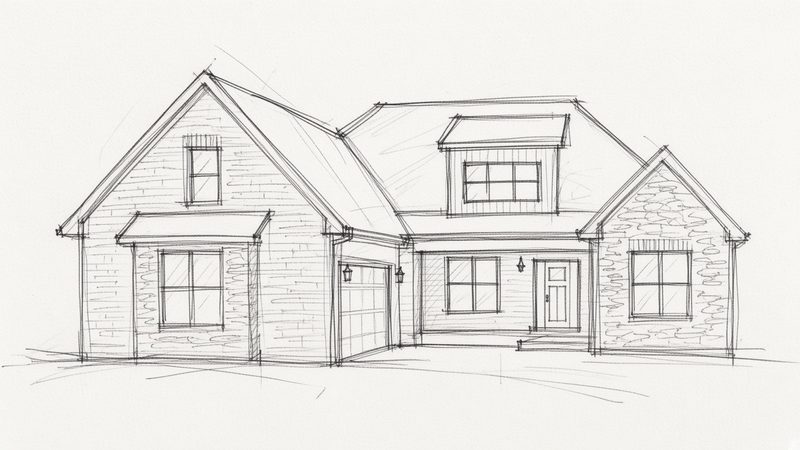 Rough pencil concept sketch of a brick and stone craftsman home front elevation