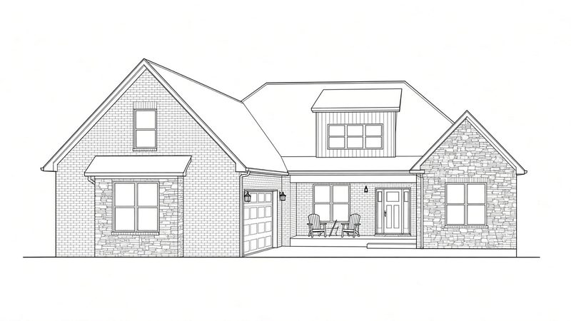 Line drawing of a brick and stone craftsman home front elevation