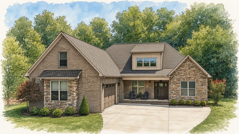 Watercolor sketch of a brick and stone craftsman home front elevation