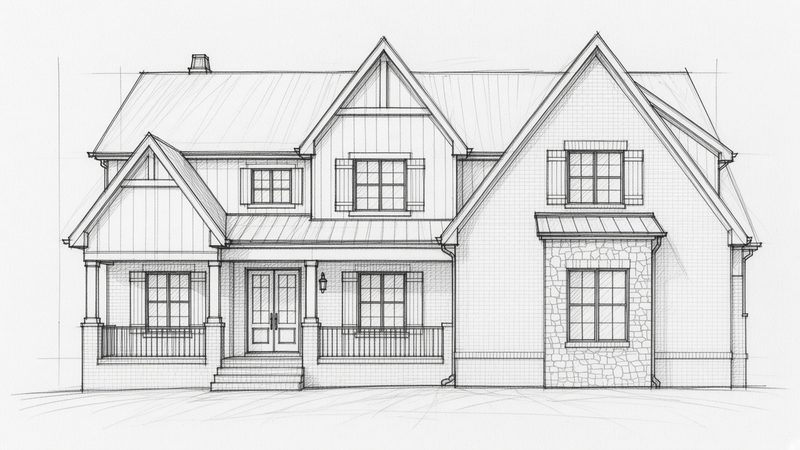 Rough pencil concept sketch of a gabled brick and stone home front elevation