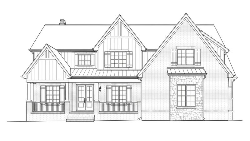 Line drawing of a gabled brick and stone home front elevation