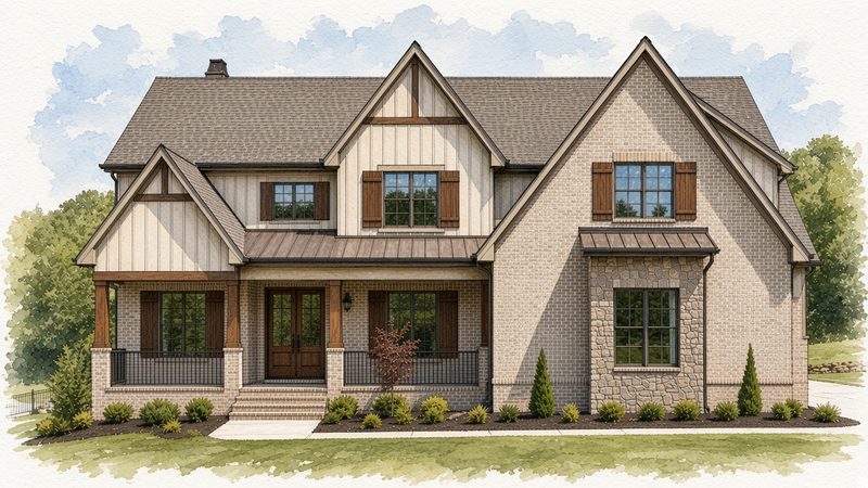 Watercolor sketch of a gabled brick and stone home front elevation