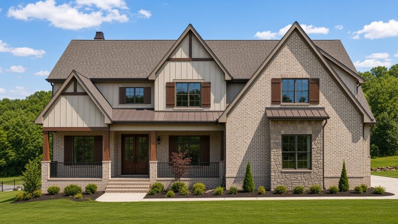 Rendering of a gabled brick and stone home front elevation