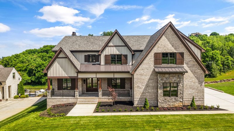 Finished gabled brick and stone home