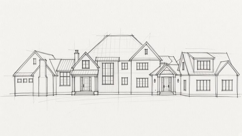 Rough pencil concept sketch of a white brick estate home front elevation