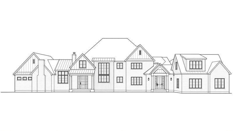 Line drawing of a white brick estate home front elevation