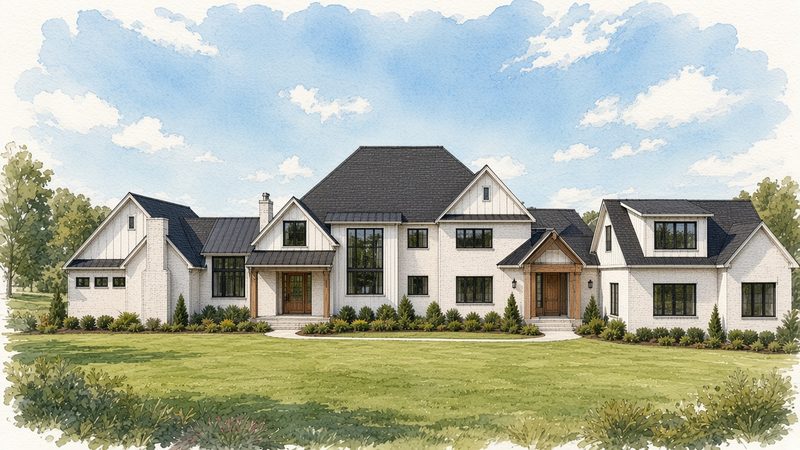 Watercolor sketch of a white brick estate home front elevation