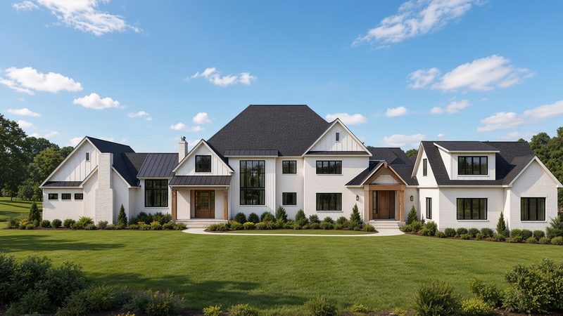 Rendering of a white brick estate home front elevation