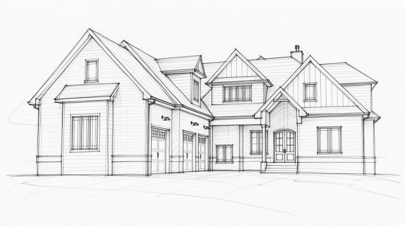 Rough pencil concept sketch of a brick lake house front elevation