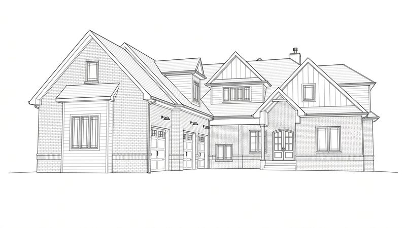 Line drawing of a brick lake house front elevation