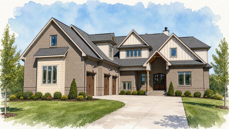 Watercolor sketch of a brick lake house front elevation