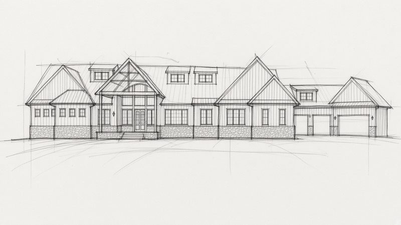 Rough pencil concept sketch of a long modern farmhouse ranch front elevation