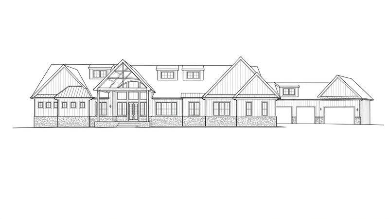 Line drawing of a long modern farmhouse ranch front elevation