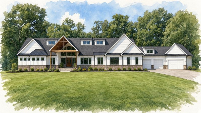 Watercolor sketch of a long modern farmhouse ranch front elevation