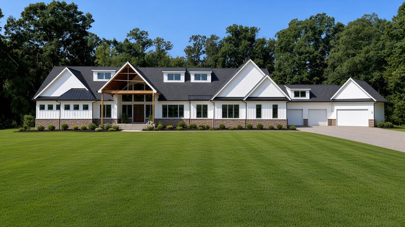 Rendering of a long modern farmhouse ranch front elevation
