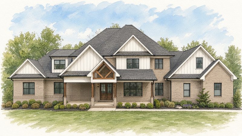 Watercolor sketch of a craftsman home front elevation