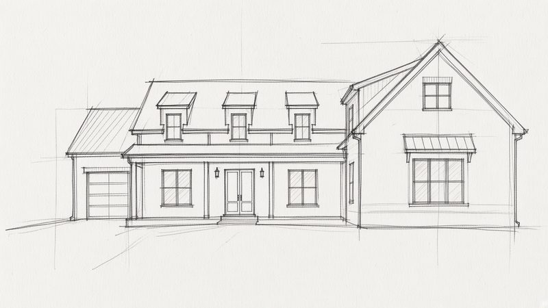 Rough pencil concept sketch of a modern farmhouse-style home front elevation