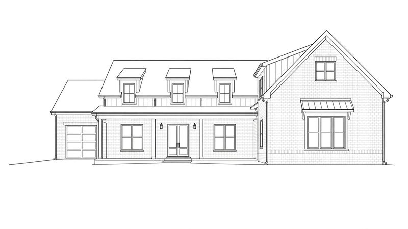 Line drawing of a modern farmhouse-style home front elevation