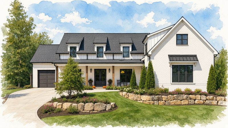 Watercolor sketch of a modern farmhouse-style home front elevation