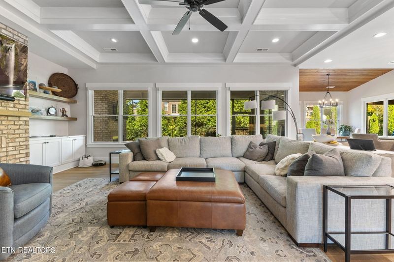 Great room with coffered ceiling